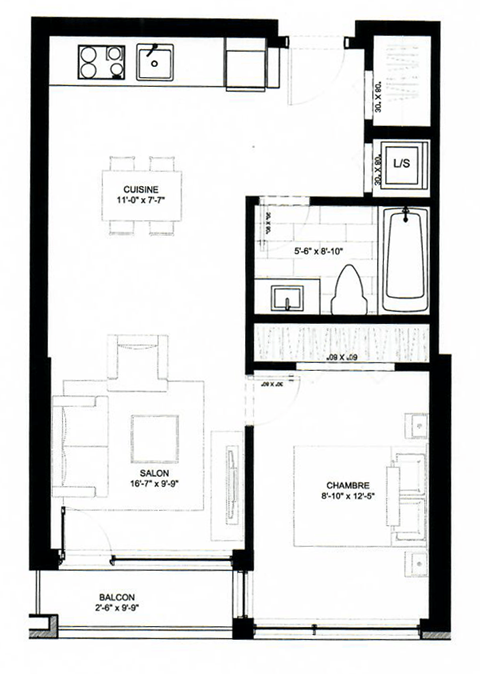 Floor plan for 1 bed, 1 bath, 587 sqft